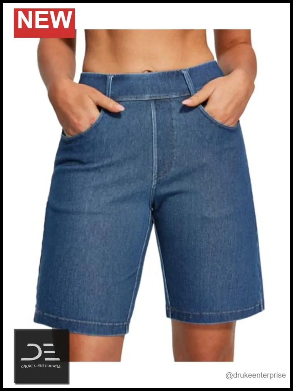 High Rise Stretchy Denim Bermuda Shorts Pull On Tummy Control Jorts